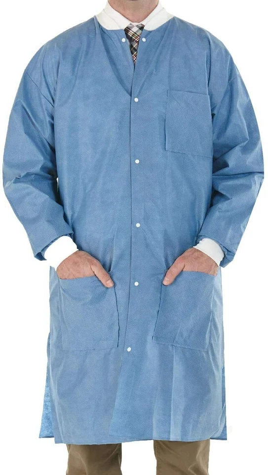 4 PCS Disposable Blue Lab Coat -Knit cuff & collar, w/Pockets and buttons  - Image 1 of 1