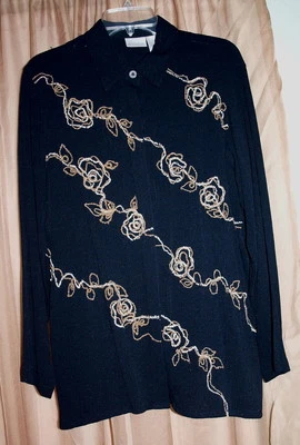 Nueva Camisa Koret Negra Gris Tostada Bordada Botones Ocultos Mezcla Viscosa Talla Med Foto 1 de 2