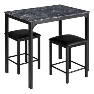 3 Piece Counter Height Dining Set Faux Marble Table-Black - Color: Black - Picture 1 of 5