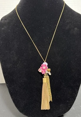 J Crew 36” Gold Tone Chain with Hot Pink Flowers, Crystals and Tassel Pendant  - Image 1 of 4