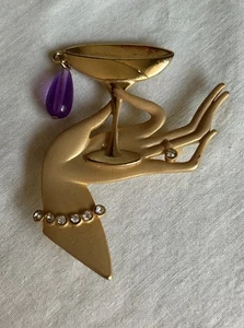 Vintage Women’s Brooch J J Hand Martini Glass Dangle Glass Matte Flat Gold Pin - Picture 1 of 4