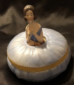 Vintage Bisque 3 Piece Vanity Powder Jar Box Lady Powder Puff Rare - Picture 1 of 11