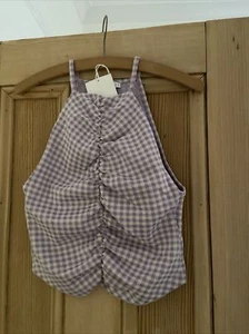 Zara Purple Lilac Checked Ruched Front Summer Cropped Halter Neck Top BNWT Small - Picture 1 of 2