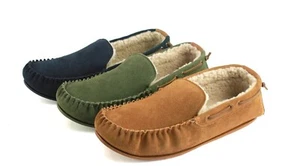 Mens Genuine Suede Moccasin Slippers Berber Fleece Lining Hard Sole Leather Lace - Picture 1 of 13