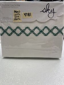 Sky Embroidered Percale King Duvet Cover White/Green New W/defects