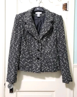 Abrigo Blazer Chaqueta Newport News Mezcla Lana 10 Mediano Negro Marfil Manchas Forrado Foto 1 de 4