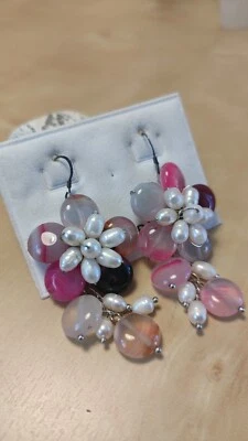 Orecchini Argento 925 Pietre Dure Agata Rosa E Perle Di Fiume  - Immagine 1 di 4