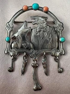 Vintage KIT CARSON 1989 Sterling Turquoise Coral Framed Wolf Couple Dangle Pin - Picture 1 of 7