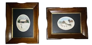 lot of two original watercolor winter cabin scenes framed Evelyn H Lucas 9.5"x7" - Picture 1 of 11