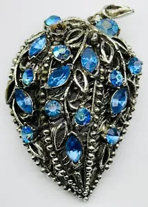 Vintage Strawberry Brooch Faux Royal Blue Rhinestone Pin 2” Silver Tone Fruit - Picture 1 of 4