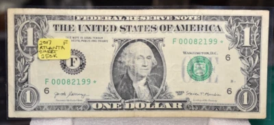 VERY RARE  2017 $1.00 SHEET  STAR NOTE ATLANTA LOW RUN 250K V NICE - Image 1 of 2