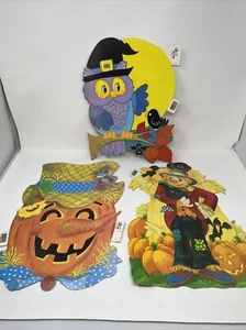 Vintage HALLOWEEN Eureka Cardboard Die Cut USA Pumpkin Scarecrow Owl - set of 3 - Picture 1 of 4