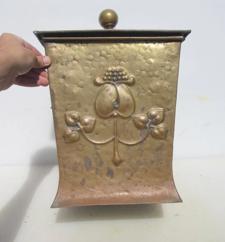 Victorian Brass Coal Bucket Planter Tub Plant Antique Old Nouveau Trough 12"W Cover