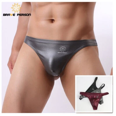 Men Underwear New Writings Sexy for Low Waist Briefs Imitation Leather Male S-XL - Image 1 of 4