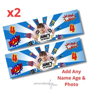 2x Personalised SUPERHERO Theme PHOTO Birthday Banner LARGE Poster ANY NAME AGE - Picture 1 of 1