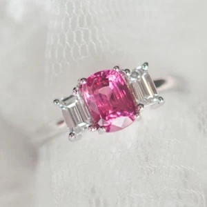 4.08 Ct Natural Pink Sapphire & Moissanite Wedding Ring 14K White Gold 7 8 9 - Picture 1 of 10