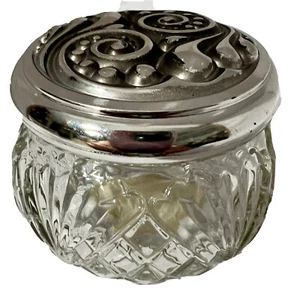 Avon Vintage collectible empty Glass Vanity Jar decor silver plate embossed lid - Picture 1 of 6