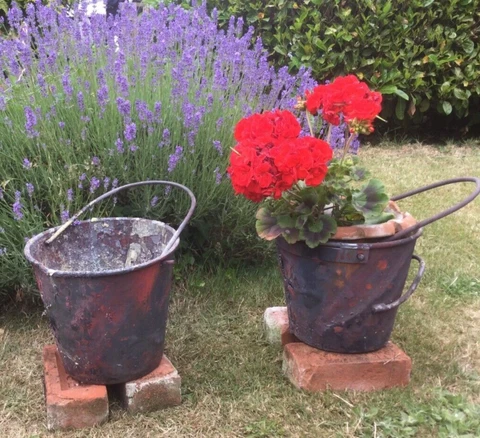 2 Large Vintage Steel Lead FOUNDRY BUCKETS Garden Planters 12inch Plant Pots Old Cover