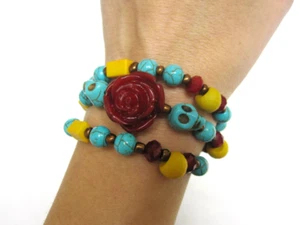 Halloween Sugar Skull Bracelet Yellow Turquoise Red Day of the Dead Wrap Jewelry - Picture 1 of 3