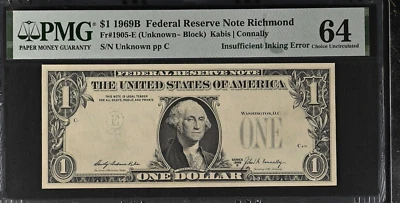 1969B $1 FRN Richmond Fr1905-E Insufficient Inking Error - PMG 64 Choice UNC - Image 1 of 3