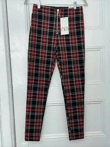 Zara Women’s Sz S Red & Black PLAID Super Skinny Pants Front Zipper Stretch NWT - Picture 1 of 5
