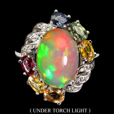 925 Anello Argento Sterling Ovale Fuoco Opale 14x10mm Zaffiro Gemma Gioielli - Immagine 1 di 4