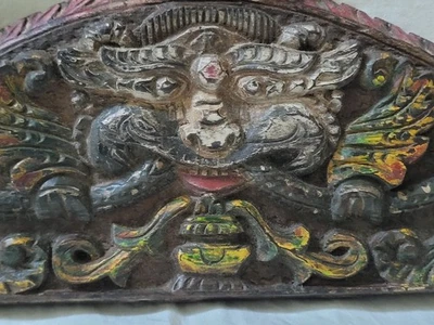 Antique Hand Painted Kala Kirtimukha Makara Hindu Buddhist Ward Off Wooden Panel - Image 1 of 4