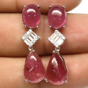 Thai Handmade 925 Silver 9 x 12 mm. Red Ruby & Cubic Zirconia Earrings - Picture 1 of 4