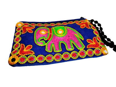Bolso sin asas elefante hecho a mano bordado indio 7,5"x 5" boho gitano billetera Foto 1 de 4