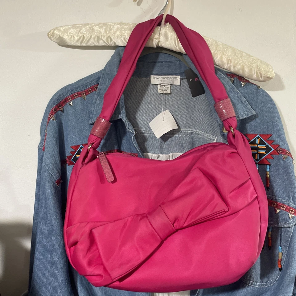 Kate Spade “Kiss Me” shoulder bag, fuchsia, hot, pink nylon, white print lining - Image 1 of 4