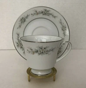 Noritake MELISSA Footed Cup and Saucer Set Contemporary Platinum Floral 3080 - Picture 1 of 8