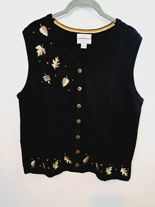 Christopher & Banks Black Hand Embroidered Leaf Sweater Vest In Size Large Black - Picture 1 of 6