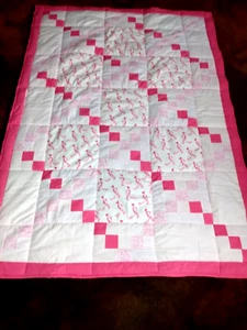 Pink Ribbon Handmade Quilt Machine Sewn Flannel Fabric 45" x 65" - Picture 1 of 4