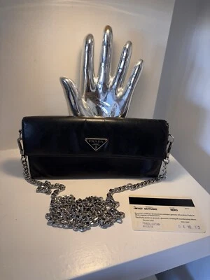 Authentic Prada Saffiano Black Leather Wallet on Chain Bag Clutch Silver Chain - Image 1 of 4