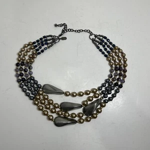 Treska Large Bead 4 Layer Beaded Statement Necklace 16” Grey, Purple, Tan Tones - Picture 1 of 24