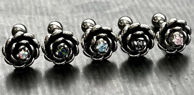 1pc Antique Silver Flower Helix Tragus Cartilage Bar Stud Earring CZ Gem Center  - Image 1 of 4