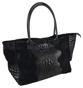 Echt Leder Shoppertasche Krokodil Natura Schwarz - Rindsleder Krokoprägung - Picture 1 of 2