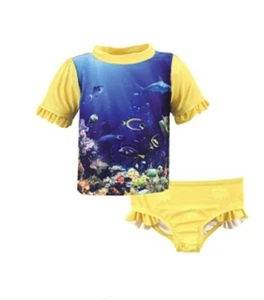 Hudson Baby Girl Fish Coral Reef Deep Ocean Scene Swim Rash Guard Set 3T NEW - Picture 1 of 4