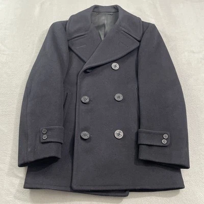 Vintage Navy Army Wool Trench Coat Mens Size 36 R Blue Pea Coat Double Breasted - Image 1 of 4