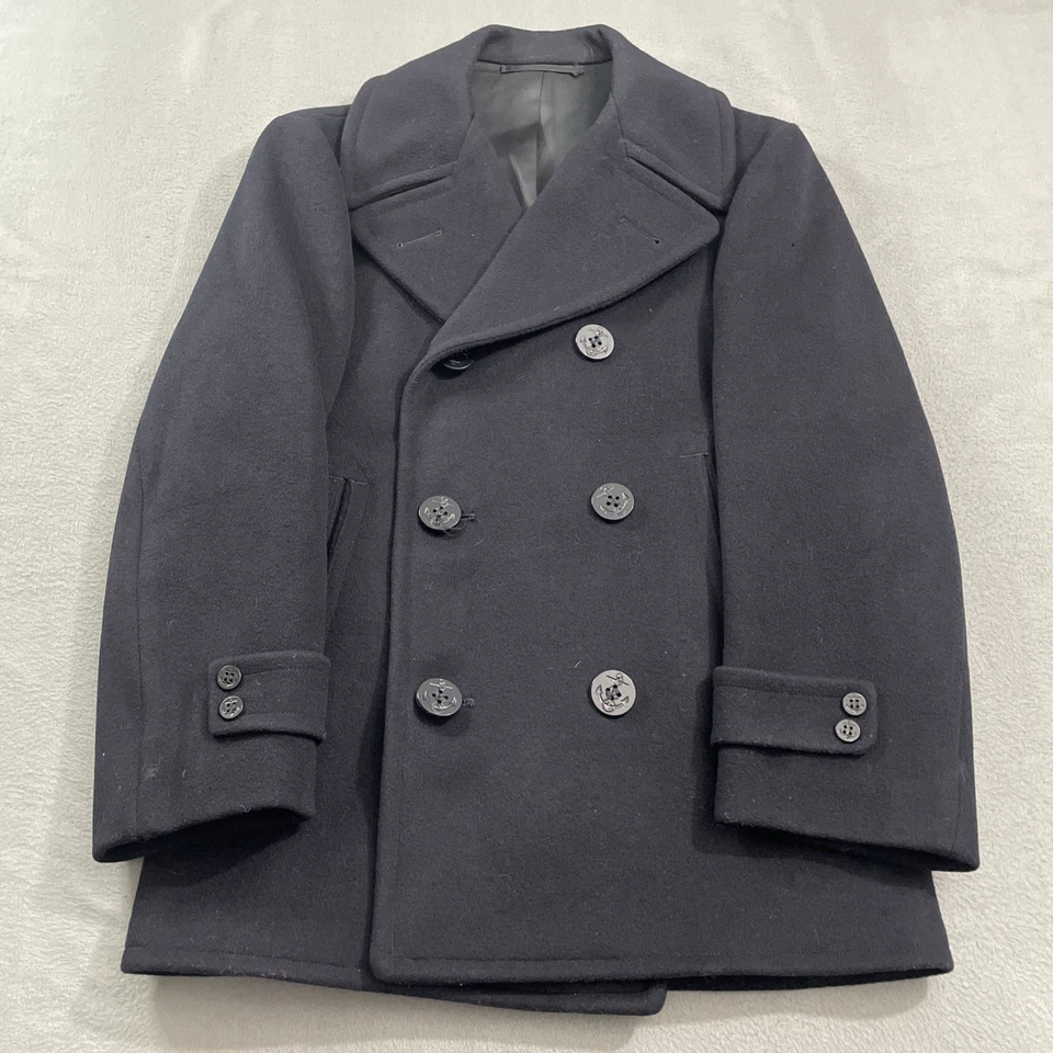 Vintage Navy Army Wool Trench Coat Mens Size 36 R Blue Pea Coat Double Breasted - Image 1 of 4