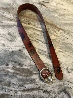 Auth Lucky Brand 28 Brown Leather Belt Sold Brass Silver Buckle Floral Print - Image 1 of 4