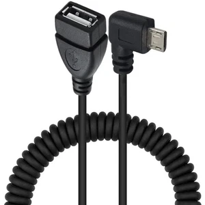 Micro USB 5 Pin Right Angle Male to USB-A 2.0 Female Coiled Cable 0.3m-1m - Picture 1 of 3