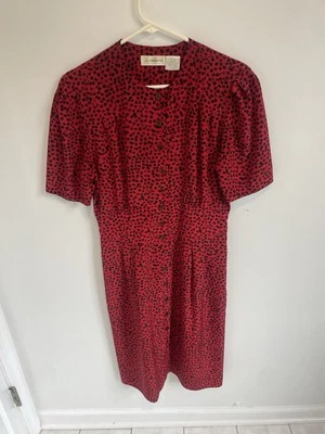 Vintage Liz Claiborne Size 10 Petite Spotted Pattern Button Front Midi Red Black - Image 1 of 4