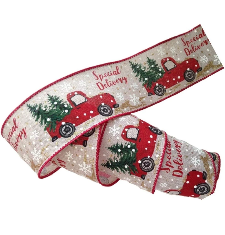 Member's Mark 2.5" X 50 Yards Christmas Red Truck Wired Ribbon Unopened