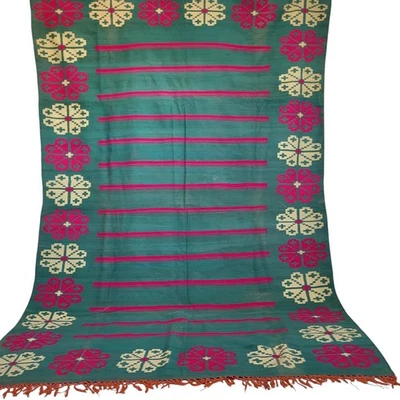 Handmade Moroccan Rug Teal Floral Pink Cream Light Orange Fringe Carpet Vintage - Image 1 of 4