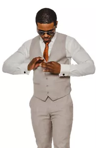 Slim Fit Men's Dress Vest Tan Windowpane Plaid V Neck 5 Buttons 16308 AZARMAN - Picture 1 of 2