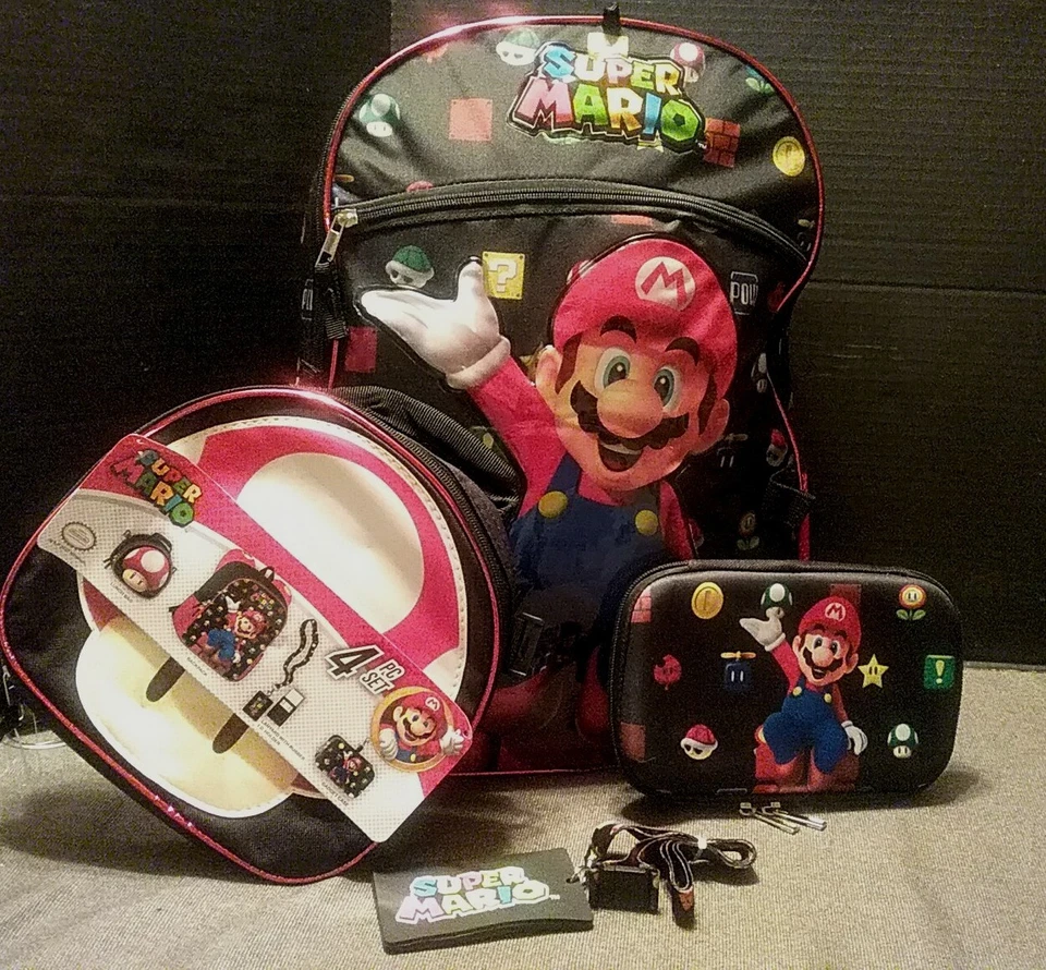 Mochila NINTENDO SUPER MARIO (Juego de 4 Piezas) TOTALMENTE NUEVA Bolsa de Almuerzo Sapo Estuche para Gadget Foto 1 de 4