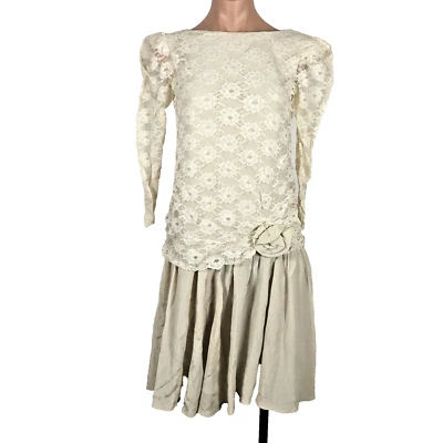 Vestido de formatura vintage anos 80 marfim bege renda cintura caída flapper puff vestido de noite M/G - Imagem 1 de 4