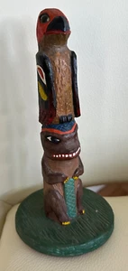 W J COATS Vintage Native American Hand carved S/D Totem Pole 8" TALL 1967 - Picture 1 of 7