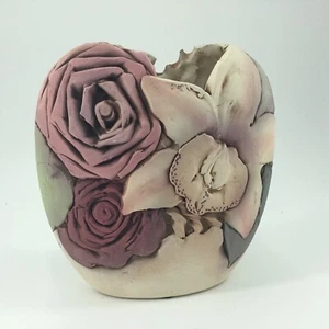 John Davis Pottery Ceramic Vase 6” Sculpted Inlaid Concord Floral Bouquet Vtg - Picture 1 of 12